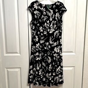Ralph Lauren Black White Floral Print Sleeveless V Neck Flare Dress Size 16